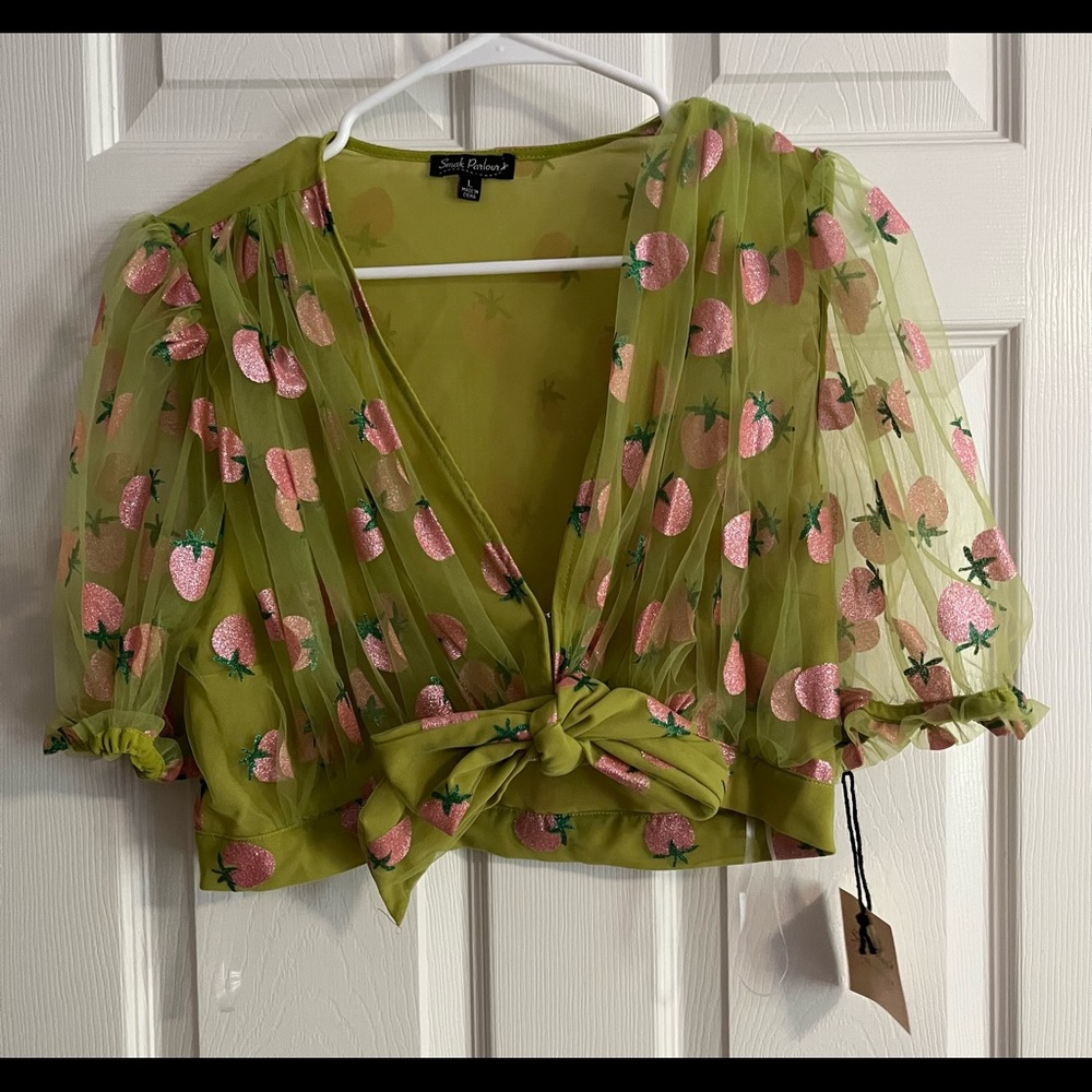 Smak Parlour Lime Green Strawberry Wrap Crop Top Large NWT